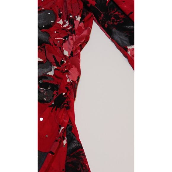 STYLE & CO Sparkly Top Red Black White Floral Cowl Neck 3/4 Sleeve Medium - Picture 6 of 7